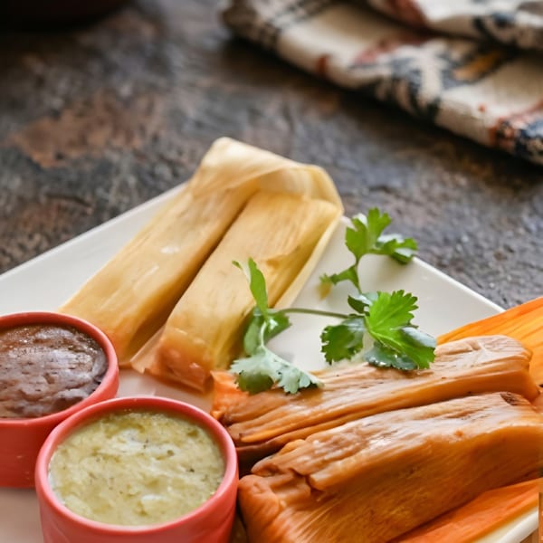 Two tamales with green and brown sauces in red ramekins, garnished with cilantro.